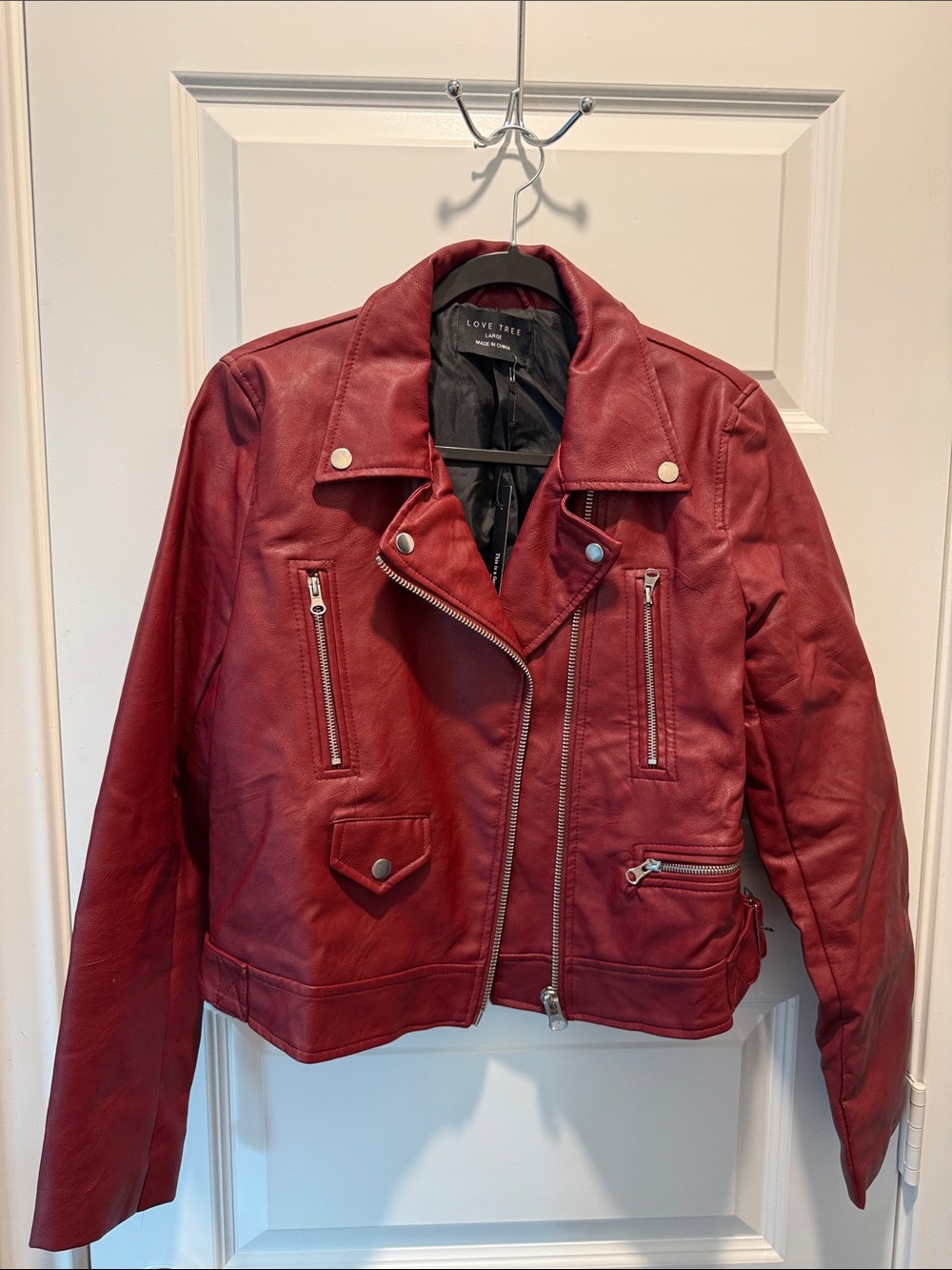 Love Tree Red Faux Leather Moto Jacket with Zip Details